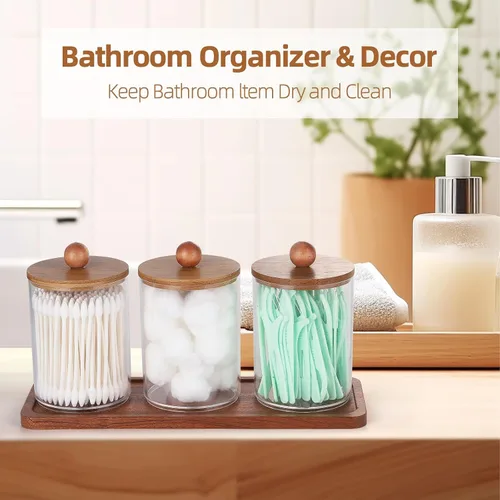 Miniatura 6 de Tbestmax - Soporte Qtip con bandeja de tocador, dispensador de recipientes de baño transparentes para almacenamiento, soporte para hisopos