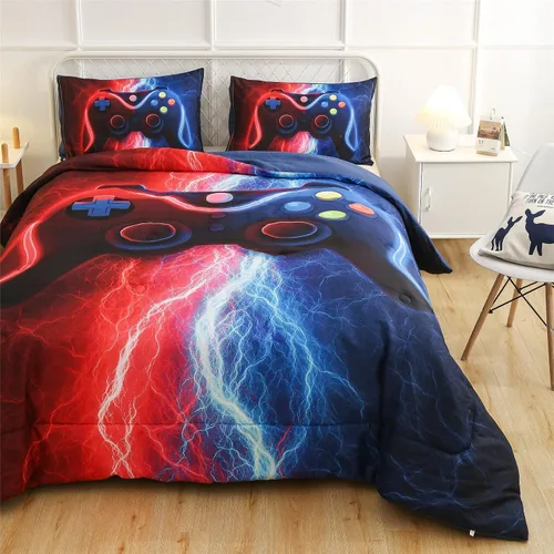Miniatura 2 de Meeting Story Juego de ropa de cama con estampado de consola de videojuegos rojo y azul para niños, consola de juegos, botones de acción, colorido