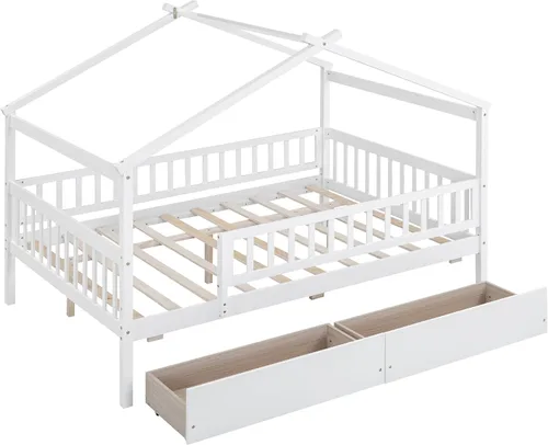 Miniatura 8 de Bellemave Cama de plataforma Montessori Full House para niños con 2 cajones de almacenamiento, barandillas y techo, madera maciza tamaño matrimonial