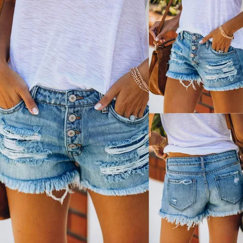 Miniatura 2 de 2023 Pantalones cortos de mezclilla de sarga elástica para mujer, estampado floral, dobladillo sin procesar, pantalones cortos elásticos