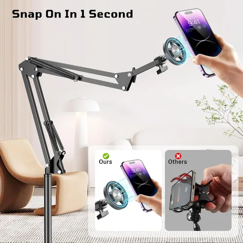 Miniatura 8 de Kefotic Soporte magnético de piso para cama acostado, soporte ajustable para teléfono de cabecera para iPhone Magsafe, soporte de teléfono celular