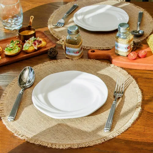 Miniatura 6 de Juego de 12 manteles individuales redondos de arpillera de yute rústico para mesas de comedor, resistentes al calor, manteles naturales