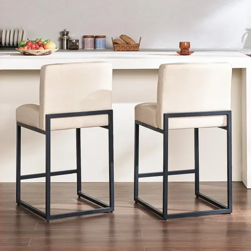 Miniatura 6 de GrandNoor Juego de 2 taburetes de bar modernos de piel sintética beige de 25 pulgadas con patas traseras de metal resistentes, cableado a cuadros