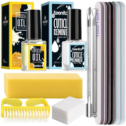 Teenitor Kit removedor de cutículas con removedor de cutículas, aceite de lima de uñas, pulidor de cutículas, empujador de cutículas, raspador de