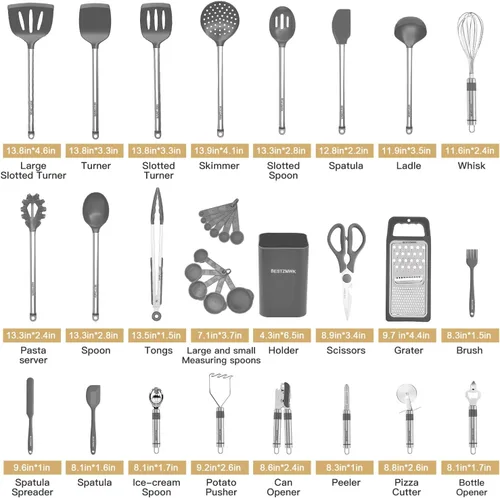 Miniatura 2 de Juego de utensilios de cocina de silicona, 33 utensilios y cucharas antiadherentes, juego de espátulas de silicona y acero inoxidable, las mejores