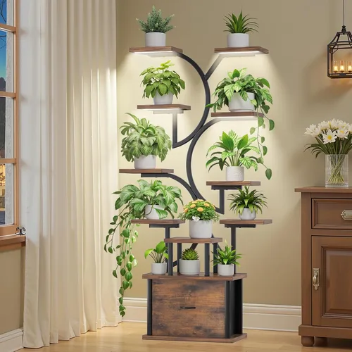 Soporte para plantas de interior con luces de crecimiento, estante para plantas de 11 niveles con cajón, soportes de esquina de 65 pulgadas para