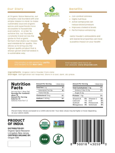 Miniatura 3 de SHOPOSR - Ajo en polvo orgánico 8 onzas (7.97 oz) Producto de la India 100% crudo y natural Bolsa de papel kraft resellable por SHOPOSR
