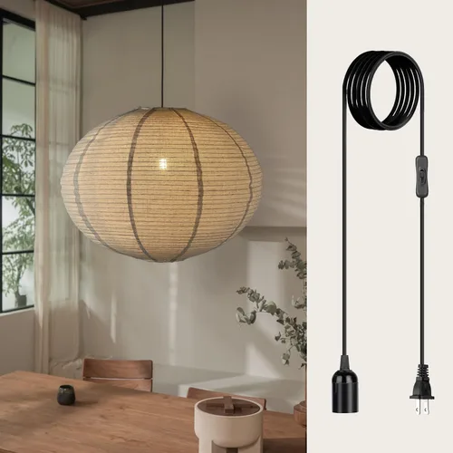 METHEDEECO Lámpara Colgante de Lino Japonés con Cable con Enchufe E26 20 PULGADAS Lámpara Linterna de Lino Wabi-Sabi Hecha a Mano Luminaria de Techo