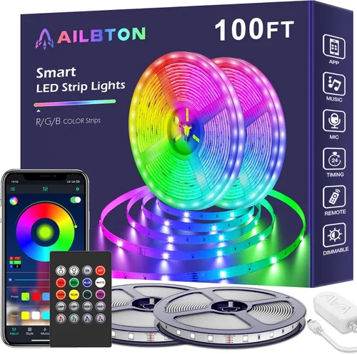 Tira de luces LED de 100 pies para dormitorio, sincronización de música, tira de luces LED RGB con micrófono integrado, control de aplicación,