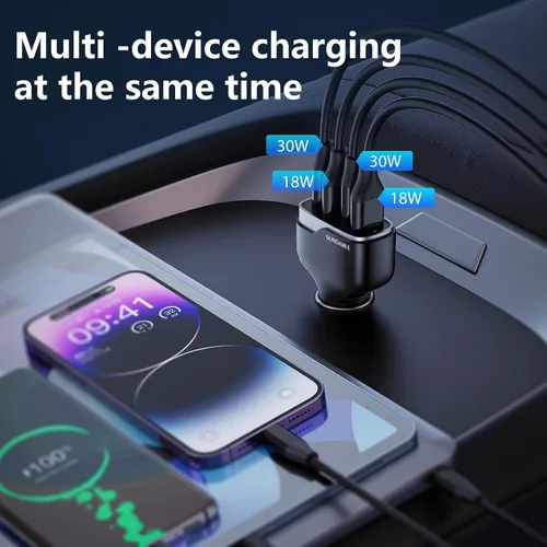 Miniatura 5 de Cargador de teléfono para automóvil, 60 W, 4 puertos, USB C, cargador de coche de carga rápida, adaptador de encendedor de cigarrillos, doble QC 3.0