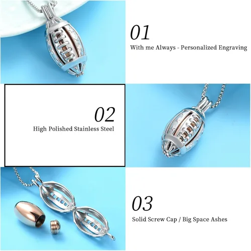 Miniatura 3 de Oinsi Collar con medallón de cremación de fútbol americano para cenizas de seres queridos, urna conmemorativa de acero inoxidable, joyería