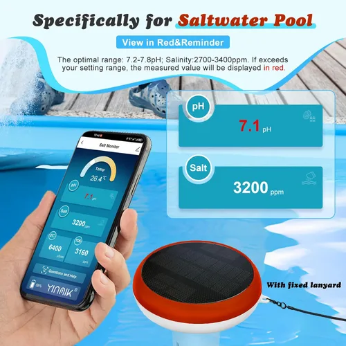 Miniatura 3 de YINMIK - Monitor inteligente de piscina, lector de sal de piscina con energía solar, medidor digital de sal de pH para piscina de agua salada