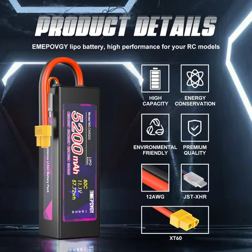 Miniatura 2 de Batería Lipo de 11.1V 3S 5200mAh 80C Lipos Estuche rígido con conector XT60 para coches RC camiones 1/8 1/10 vehículos RC (2 paquetes)