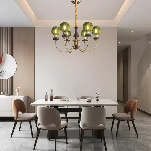 Miniatura 6 de Candelabro de globo de cristal verde con 6 luces, lámpara colgante moderna de mediados de siglo, lámpara colgante Art Deco para comedor, cocina