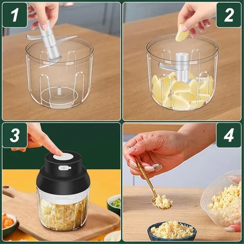 Miniatura 7 de Picadora de ajos eléctrica, 250ML trituradora de ajos con batidor de huevos, mini picadora de verduras portátil, molinillo y machacador de cebollas