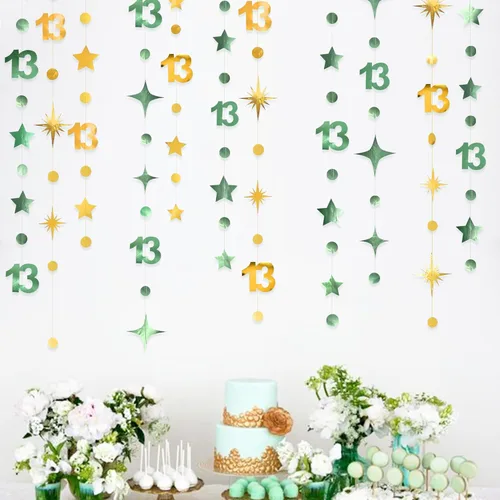 Miniatura 17 de Decoraciones Negras de Cumpleaños Número 13 Círculo Punto Estrella Centelleante Guirnalda Serpentina Colgante Metálica Banderín Banner Telón de Negro