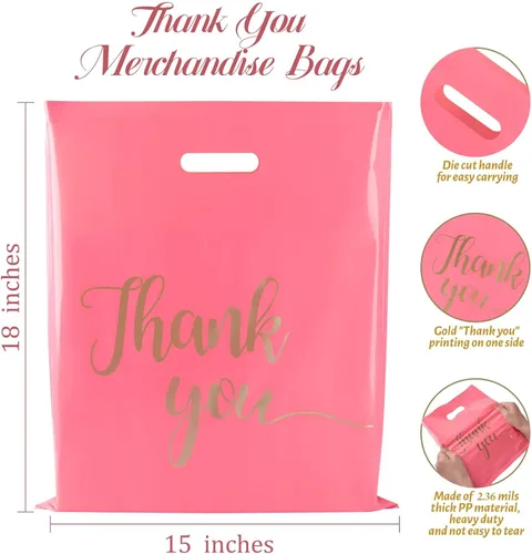 Miniatura 2 de ZORRITA Paquete de 100 bolsas de agradecimiento para pequeñas empresas, bolsas de plástico de 15 x 18 pulgadas con asas, bolsa de mercancía al por