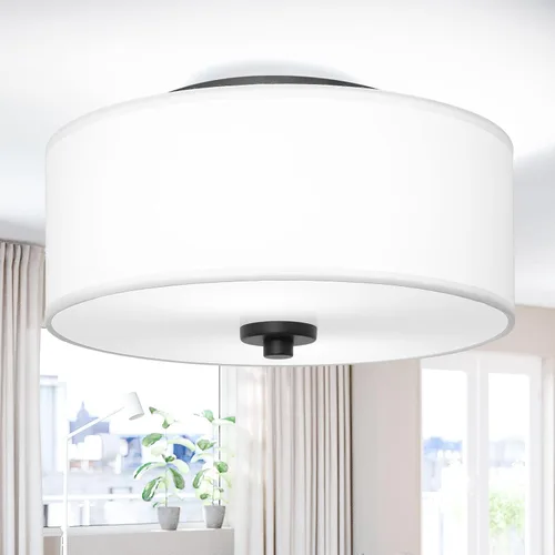 Lámpara de techo empotrada de 2 luces, moderna de 12 pulgadas con pantalla de tambor de lino de tela blanca, lámpara de techo redonda para