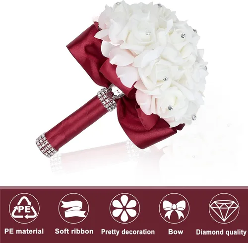 Miniatura 3 de Ramo de Boda Borgoña para Novia Dama de Honor Ramo de Lanzar Cristales Rosa de Seda Ramo Nupcial para Fiesta de Boda (Borgoña Blanco)