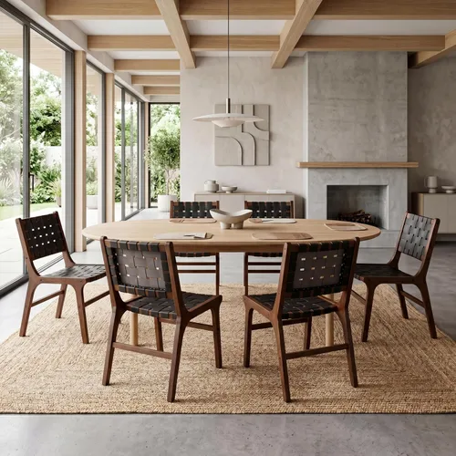 Miniatura 8 de Woven Leather Dining Chairs Set of 4, Mid Century Modern Solid Wood Dining Room Chairs with Handwoven Leather Strap Seat, Armless Kitchen Side