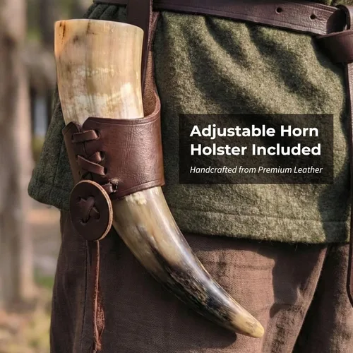 Miniatura 2 de Norse Tradesman Cuerno vikingo de cuerno de buey genuino de 12 pulgadas con exquisito lobo grabado a mano y nudo celta, funda de cinturón de cuero