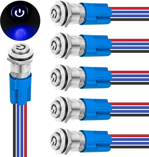Miniatura 16 de Nilight Interruptor de botón de 0.472 in, 5 unidades con arnés precableado de acero inoxidable de 12 V 24 V, bloqueo automático, interruptores 5
