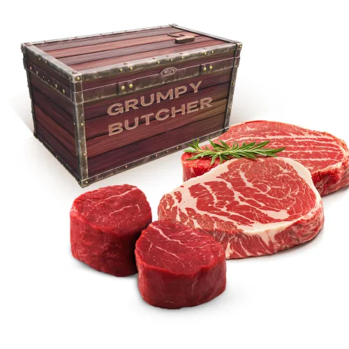 Miniatura 8 de Caja de regalo de 4 filetes Grumpy Butcher – 2 filetes de entrecot (12 oz) y 2 filetes de solomillo superior (6 oz) – Sampler de carne Angus
