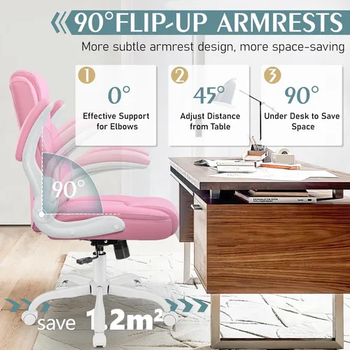 Miniatura 4 de Silla de cuero PU con soporte ergonómico lumbar, gira 360°, pequeña, ruedas, reposabrazos ajustables, para gente chaparra, para escritorio, Rosa
