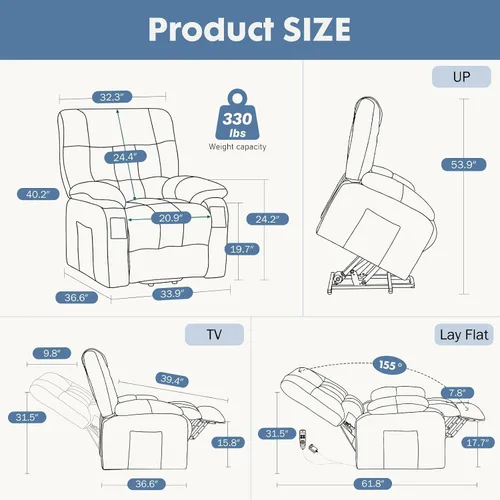 Miniatura 7 de DUMOS Rocker - Silla reclinable giratoria con masaje por vibración y calefacción lumbar, sillón reclinable de tela de felpilla giratoria de 270°