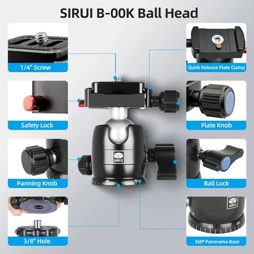 Miniatura 2 de SIRUI Cabezal de bola de trípode para cámara, capacidad de carga de 22.05 libras, base de panorámica de 360°, calidad de construcción de aluminio