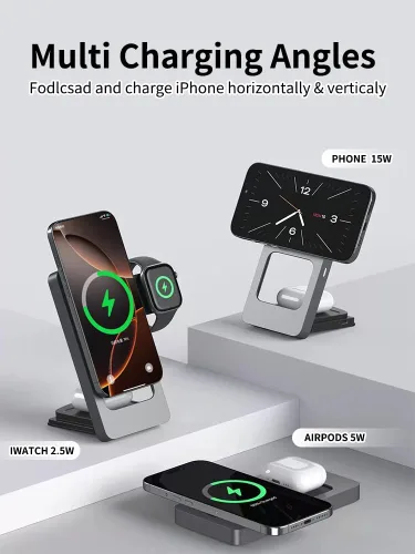Miniatura 2 de Estación de carga inalámbrica plegable 3 en 1 para iPhone, Apple Watch, AirPods, marco de aleación de aluminio, carga rápida de 15 W, soporte Gris