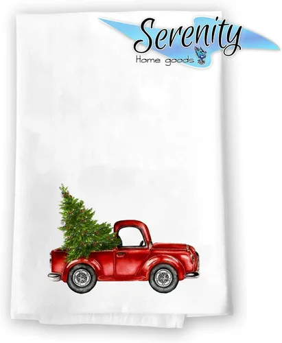 Miniatura 4 de Plato decorativo de cocina y toallas de mano de baño Lindo camión rojo rústico colorido con árbol de Navidad verde Toalla de té blanca