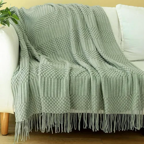 Miniatura 13 de Blagic Manta de punto para sofá, manta suave de estilo bohemio para otoño con borlas, manta ligera decorativa para el hogar, manta beige para cama