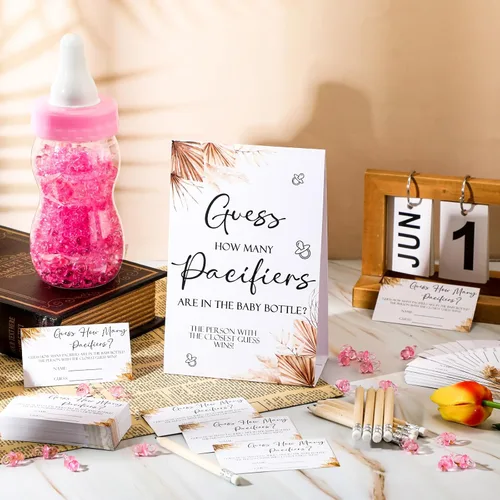 Miniatura 4 de Roowest 512 piezas de juegos de baby shower Adivina cuántos chupetes signo 100 pequeños juegos de adivinanzas, 10 lápices HB, botella de leche