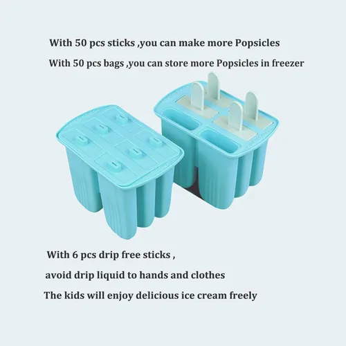 Miniatura 5 de Moldes de silicona para paletas con palillos, 6 cavidades, molde para helado con cepillo limpio, 6 palitos reutilizables, 50 palitos, 50 bolsas, Azul