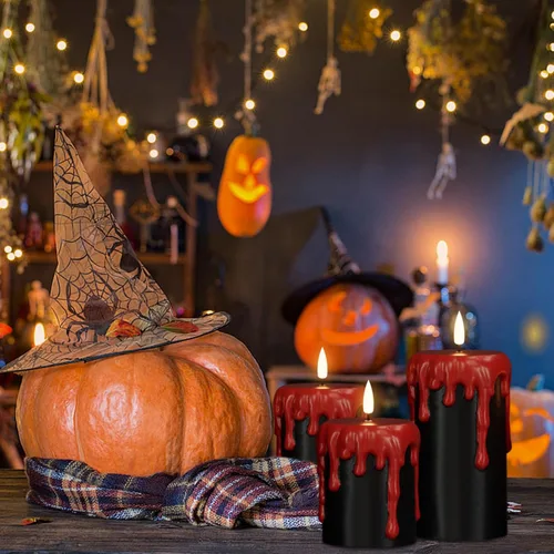 Miniatura 4 de Wondise Velas de Halloween sin llama con temporizador de 6 horas, velas LED negras de cera real que gotean a pilas, mecha 3D, parpadeante