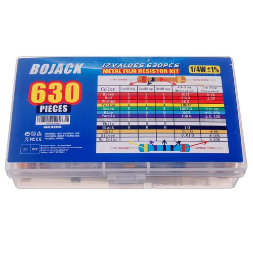Miniatura 3 de BOJACK Kit de resistencia de 17 valores de 630 piezas, 0 Ohm-1M Ohm con 1% 1/4W Kit surtido de resistencias de película metálica