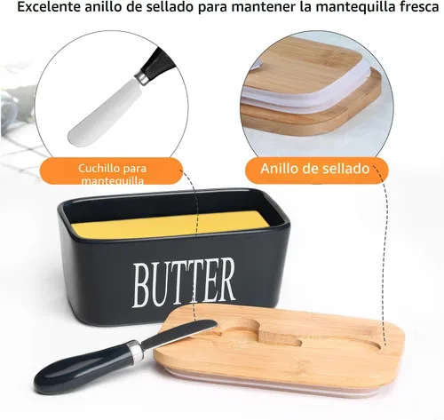 Miniatura 3 de Mantequillera de cerámica con tapa de madera, contenedor grande de mantequilla con esparcidor de cuchillo de acero inoxidable, cubierta de bambú