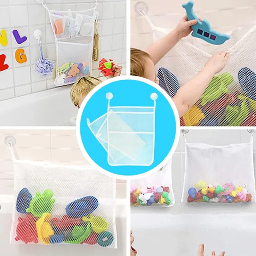 Miniatura 6 de 2 bolsas de malla para juguetes de bañera, organizador de juguetes de baño de 18 x 14 pulgadas, 4 ganchos ultra fuertes, color blanco