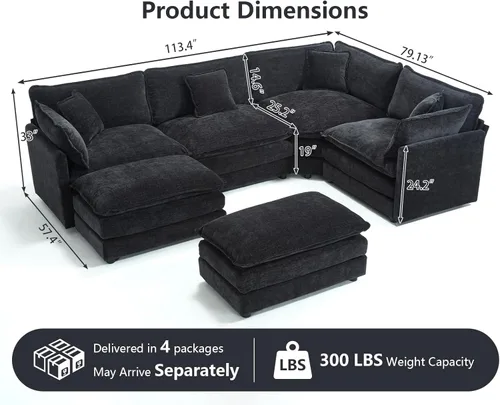Miniatura 2 de Sofá seccional modular en forma de U, sofá esquinero de chenilla de gran tamaño, cómodo sofá nube con otomana chaise, sofás seccionales modernos