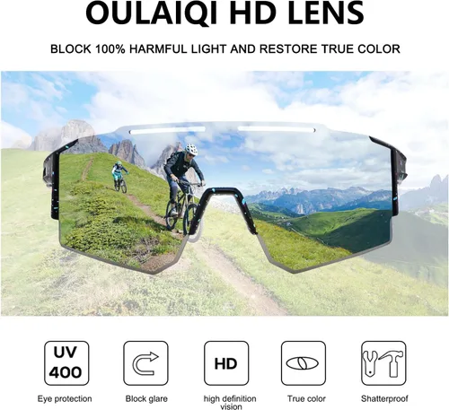 Miniatura 5 de OULAIQI Gafas de sol de ciclismo, polarizadas, para hombres y mujeres, con 1 lente o 3 lentes intercambiables, gafas de béisbol
