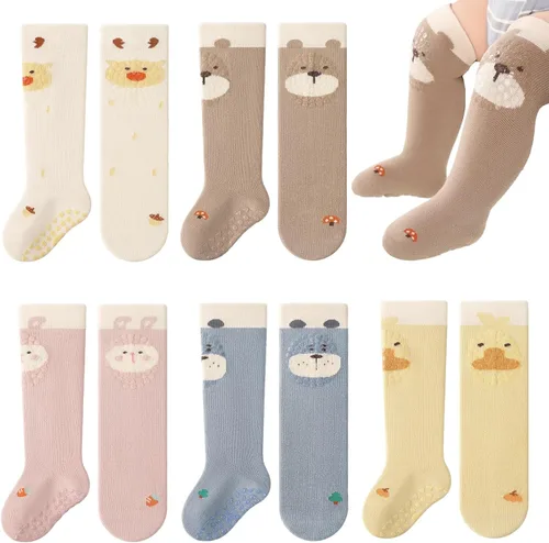 Miniatura 11 de Calcetines antideslizantes hasta la rodilla para bebés y niños pequeños, calcetines antideslizantes para recién nacidos, 5 pares