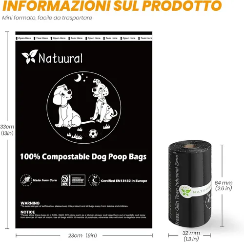 Miniatura 2 de Bolsas compostables certificadas para excremento de perro, 270 bolsas de 18 rollos, bolsas para excrementos para perros hechas de almidón de maíz