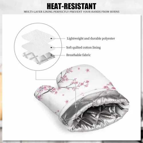 Miniatura 4 de Mxocom Cherry Blossom - Guantes de horno resistentes al calor y soporte para ollas, ramas de flores, para cocina, antideslizantes, para cocinar