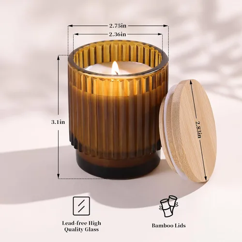 Miniatura 2 de DEVI Juego de 8 tarros de vela de vidrio acanalado ámbar vacíos de 7 onzas para hacer velas, tarros de vela de vidrio con tapas de bambú