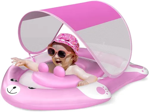 Miniatura 9 de Flotador doble con asiento de seguridad ajustable, toldo UPF 50+ extraíble solar, flotador inflable estilo animal, flotador de natación durante 6-36