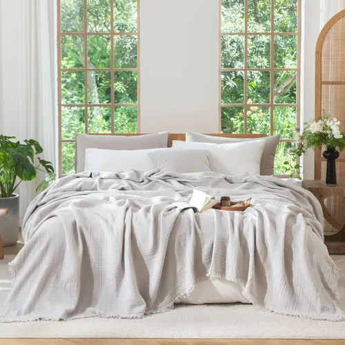 Miniatura 10 de MooMee - Manta de muselina 100% algodón, manta de 4 capas de gasa con borlas, ultra suave, transpirable, ligera y refrescante para cama y sofá Verde
