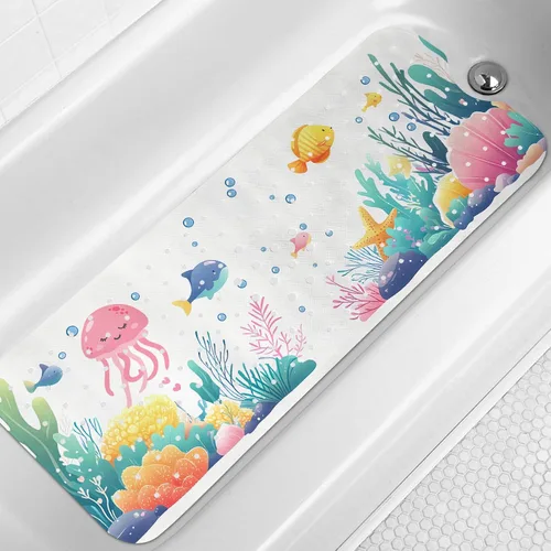 Miniatura 10 de LNOND Alfombra de baño para niños, tapete antideslizante de ballenas azules, con orificios de drenaje y ventosas, lavable a máquina