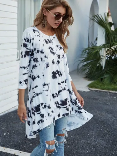 Miniatura 3 de Naggoo - Camiseta de manga 34 para mujer, diseño holgado y largo tipo túnica con cuello en V, botones, dobladillo asimétrico, casual, tallas S a 3XL