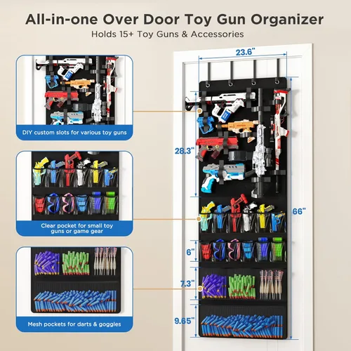 Miniatura 4 de Organizador sobre la puerta para pistolas de juguete, colgador de puerta con bolsillos y ranuras para lanzadores de espuma, dardos, gafas